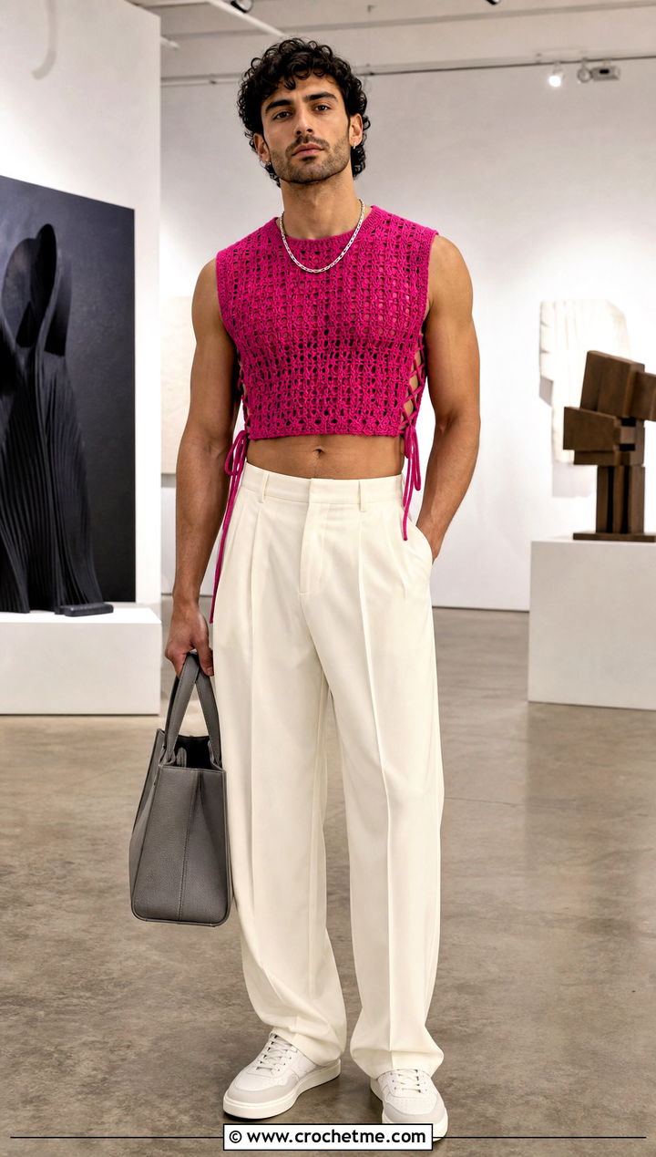 Lace Up Side Crochet Crop Top With Pleated Trousers - 25 Men Crochet Crop Top outfit ideas