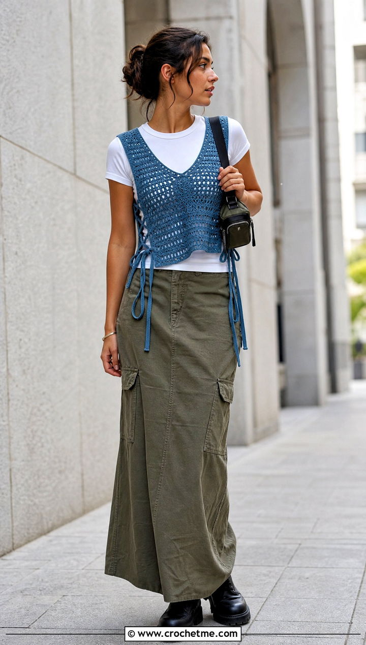 Lace Up Side Crochet Vest With Cargo Maxi Skirt - 35 crochet vest for women outfit ideas