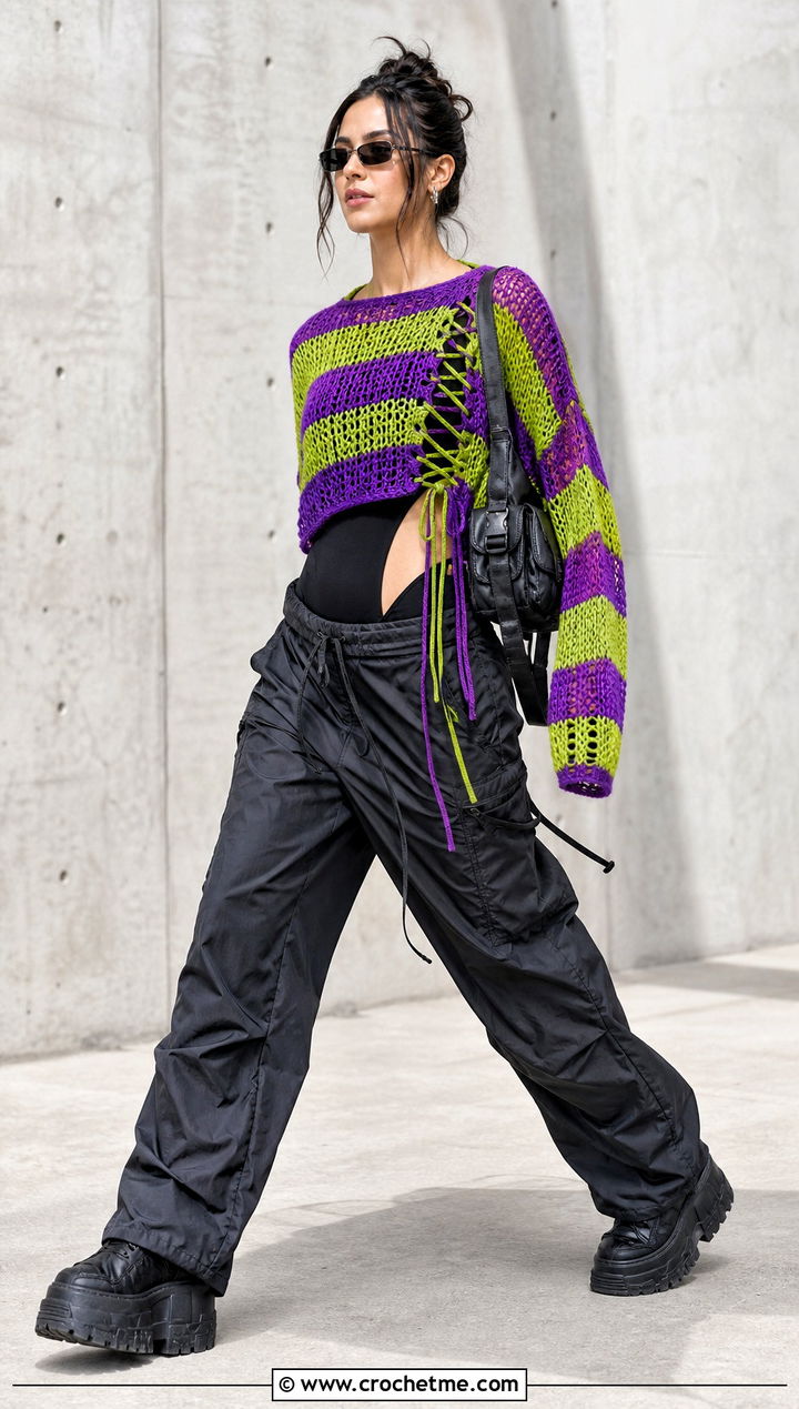 Lace Up Side Freddy Krueger Sweater With Parachute Pants - 30 crochet freddy krueger sweater outfit ideas