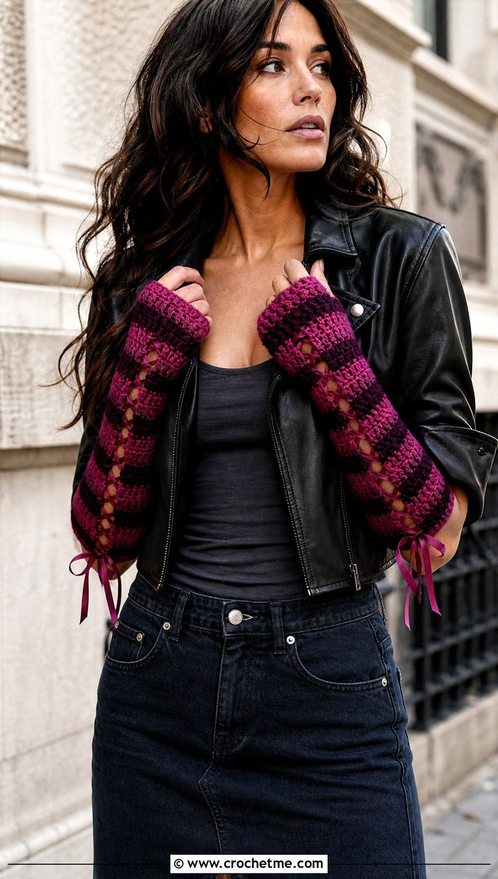 Lace Up Striped Crochet Arm Warmers With Leather Jacket - 15 Striped Crochet Arm Warmers outfit ideas