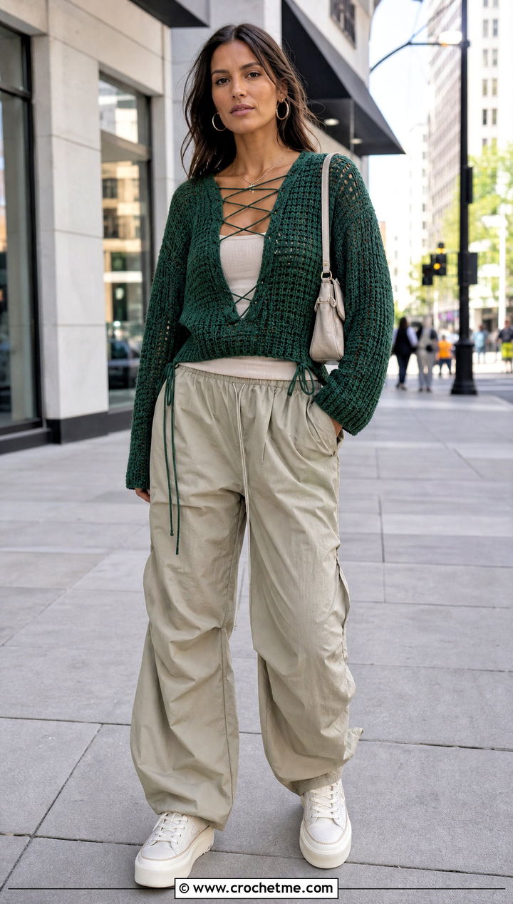 Lace Up V Neck Crochet Sweater With Parachute Pants - 35 v neck crochet sweater outfit ideas