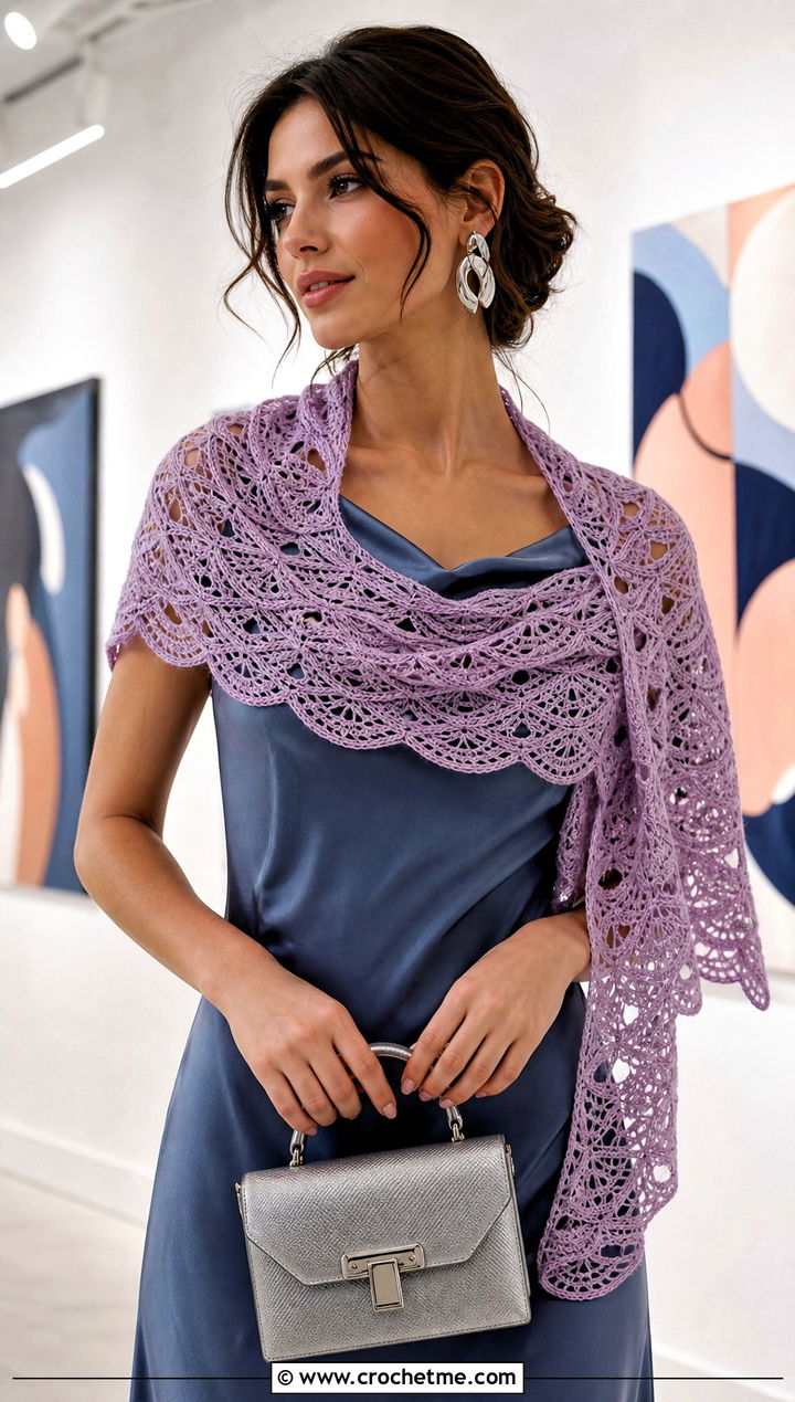 Lace Wave Crochet Scarf With Satin Midi Dress - 25 wavy crochet scarf outfit ideas