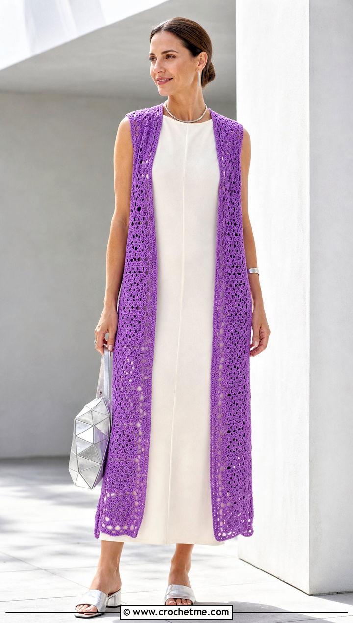 Lace Weight Granny Square Long Vest With Column Dress And Mules - 20 Granny Square Long Vest outfit ideas