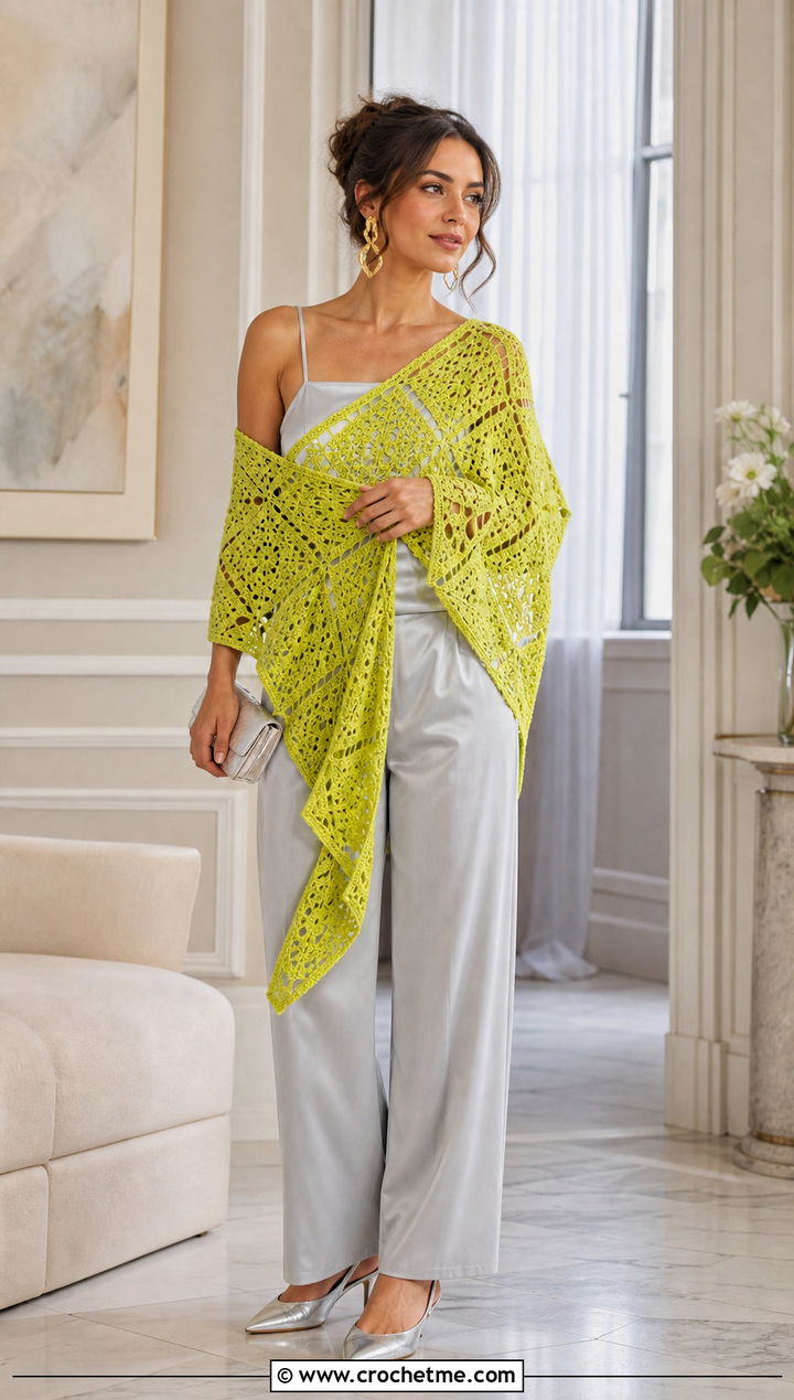 Lace Weight Granny Square Triangle Shawl With Satin Trousers - 30 granny square triangle shawl outfit ideas