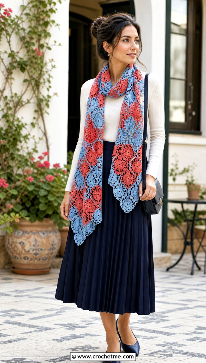Lace Weight Mosaic Crochet Scarf With Midi Skirt - 25 Mosaic Crochet Scarf outfit ideas