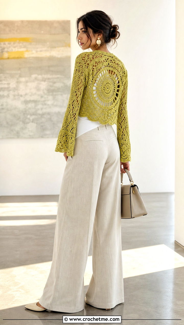 Lace Wheel Round Crochet Cardigan With Wide Leg Trousers - 35 round crochet cardigan outfit ideas