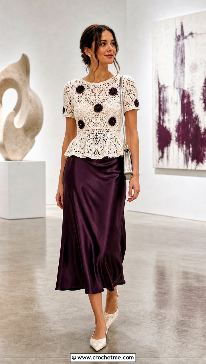 Lace White Crochet Peplum Top With Satin Midi Skirt - 15 White Crochet Peplum Top outfit ideas