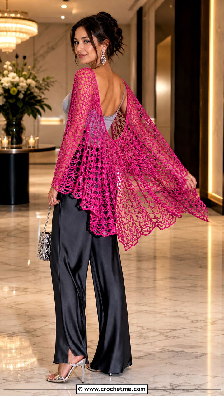 Lace Wing Shawl With Satin Trousers - 30 Crochet Wing Shawl outfit ideas