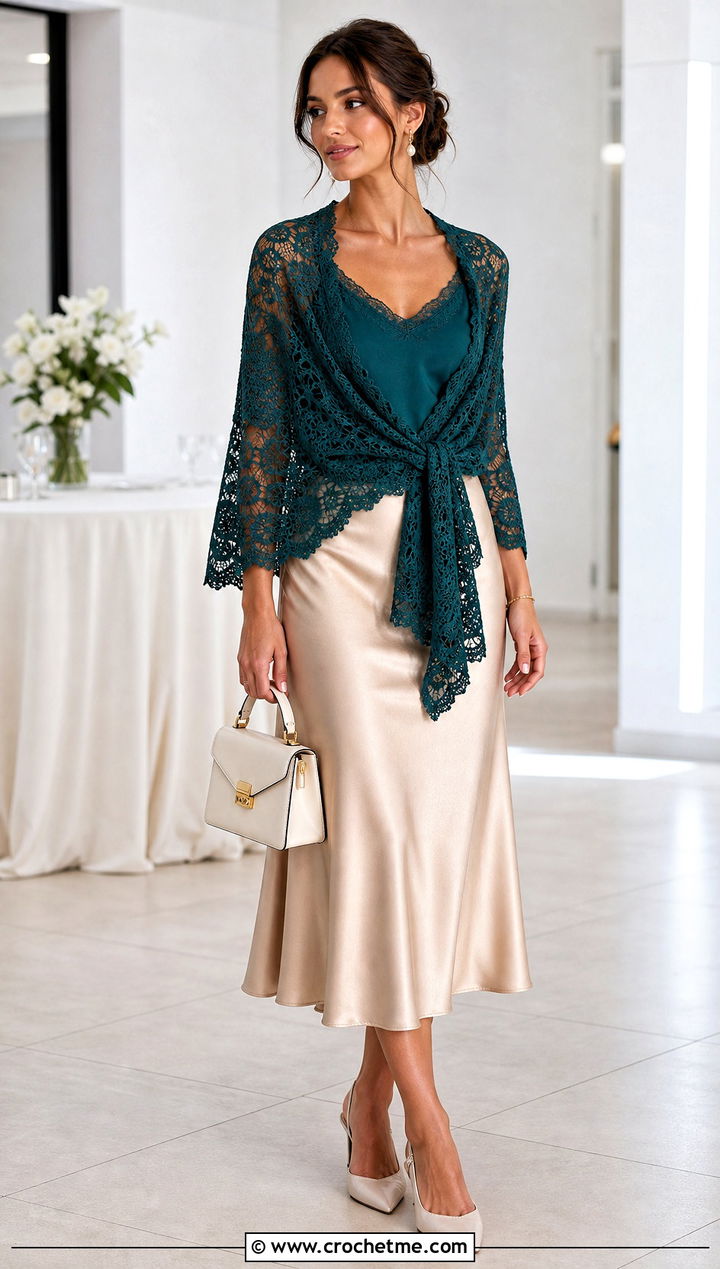 Lace Wrap Around Shrug With Satin Midi Skirt - 25 Crochet Wrap Around Shrug outfit ideas