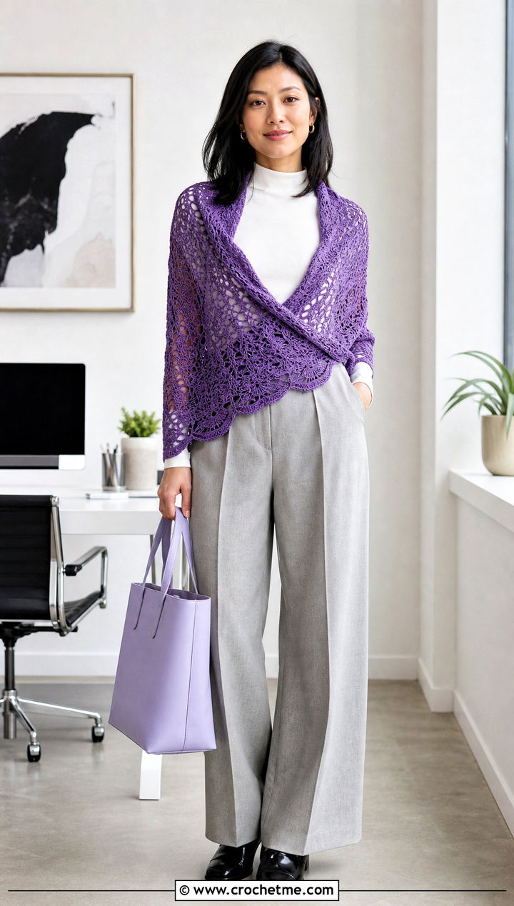 Lace Wrap Around Shrug With Tailored Trousers - 25 crochet wrap around shrug with sleeves outfit ideas