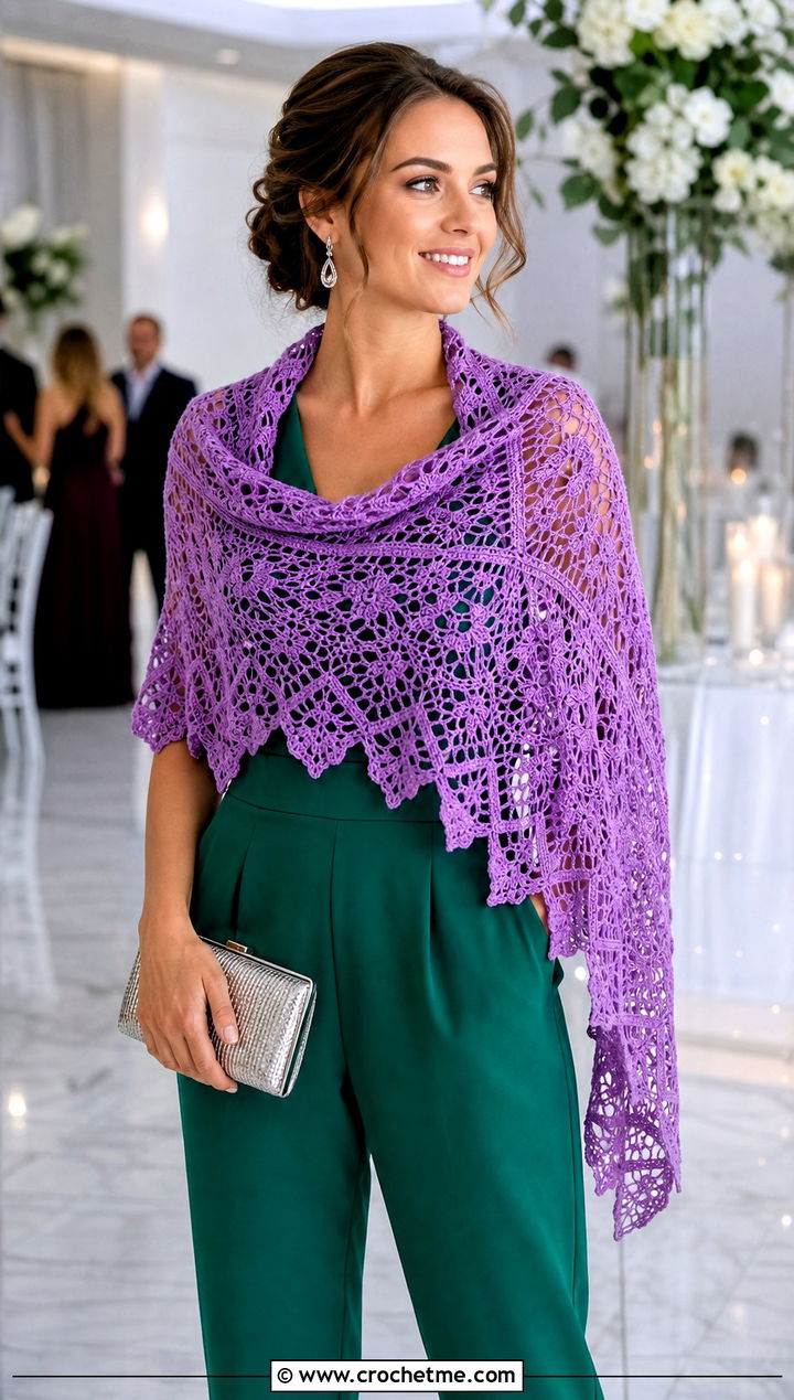 Lace Wrap Crochet Scarf With Jumpsuit And Heels - 30 easy crochet lace scarf outfit ideas