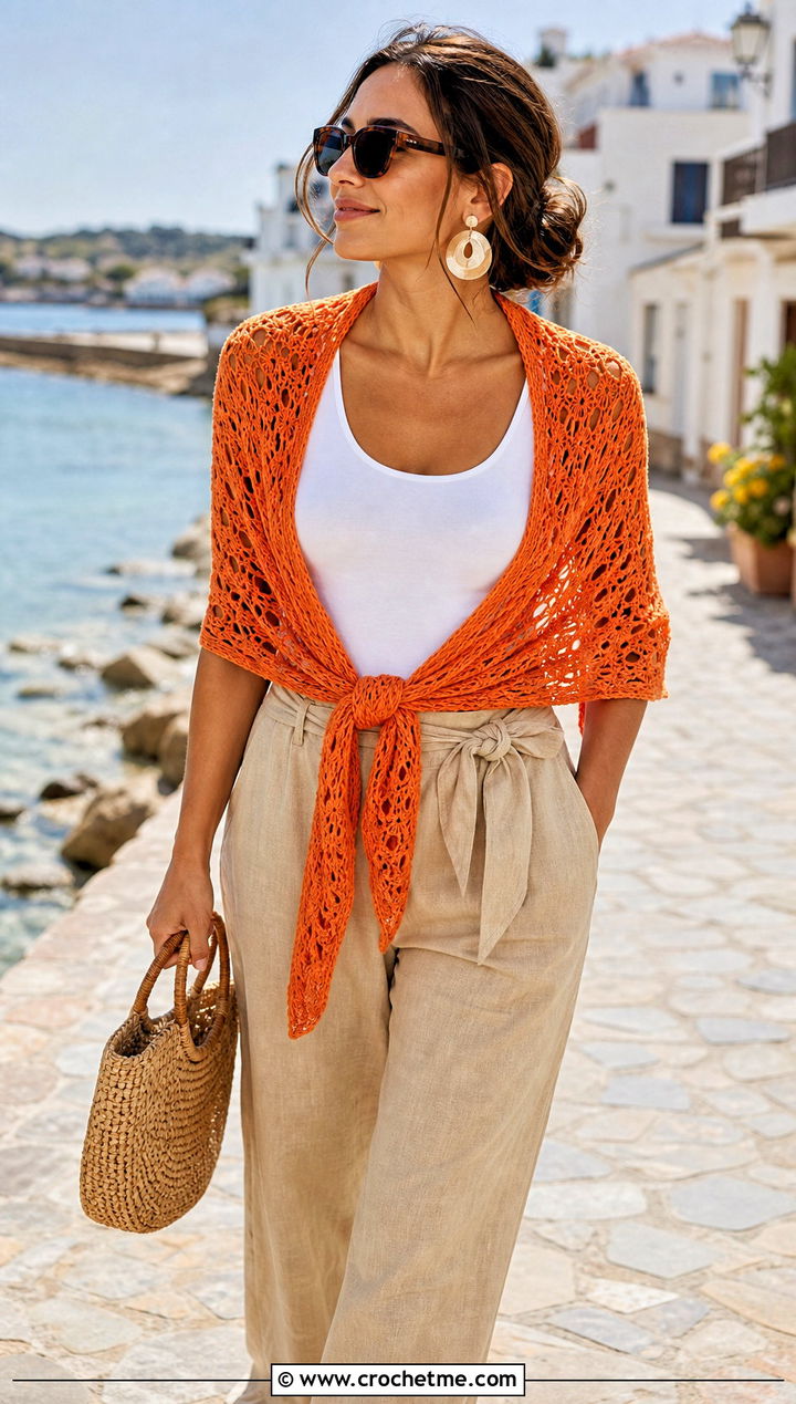 Lace Wrap Me Up Crochet Sweater Scarf With Linen Pants - 15 Wrap Me Up Crochet Sweater Scarf outfit ideas