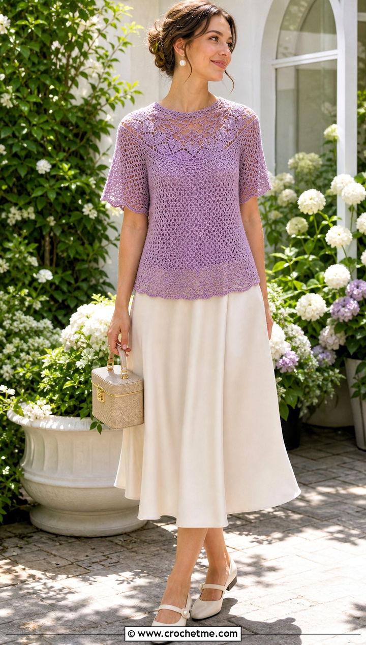 Lace Yoke Crochet Raglan Top With A Line Midi Skirt - 30 crochet raglan top outfit ideas