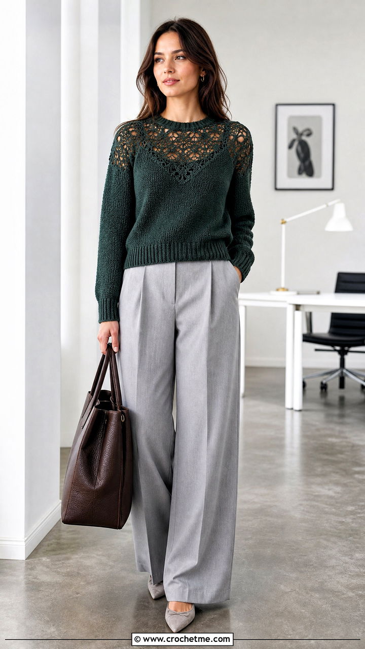 Lace Yoke Crochet Sweater With Wide Leg Trousers - 35 fall crochet sweater outfit ideas