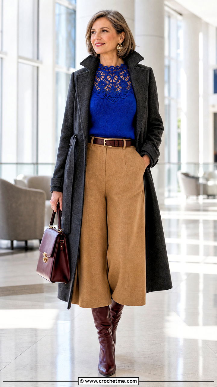 Lace Yoke Crochet Top With Wool Culottes - 35 crochet fall top outfit ideas