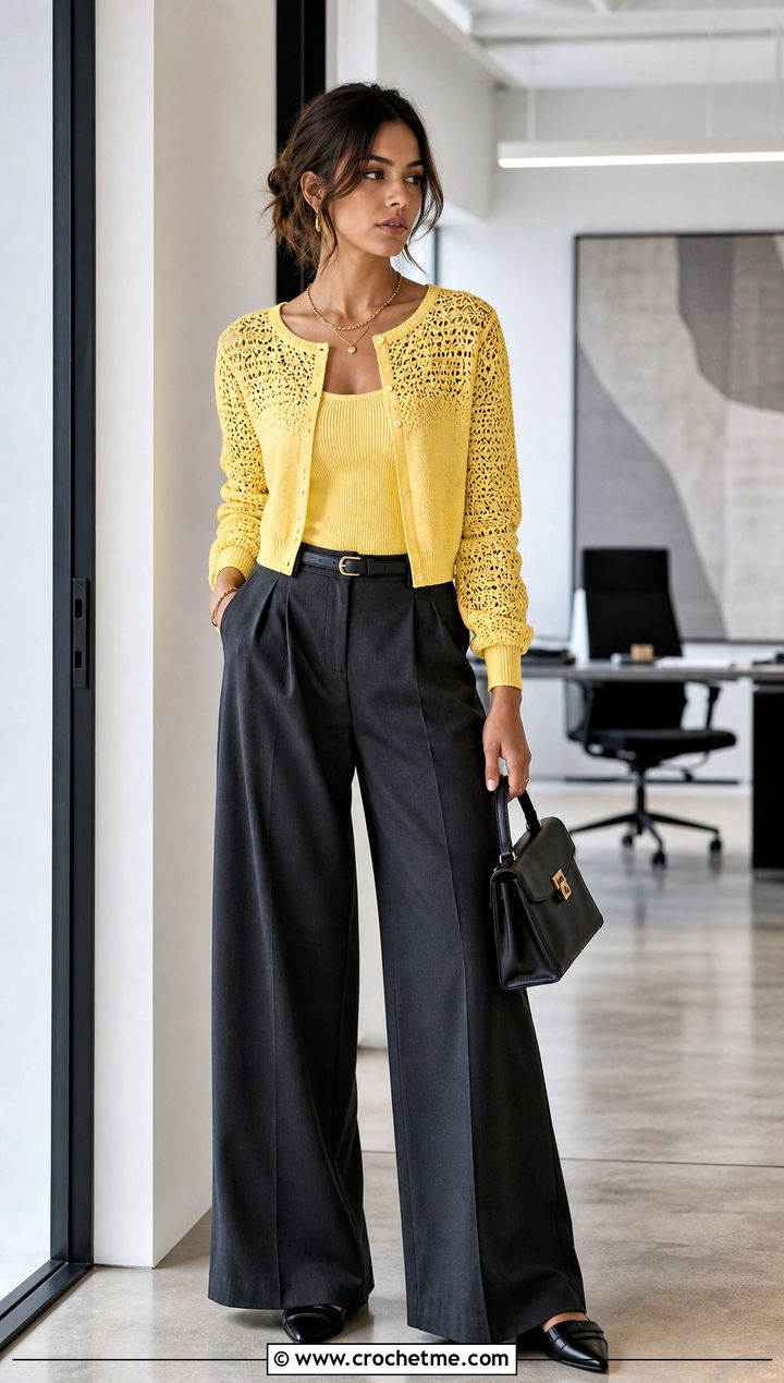 Lace Yoke Cropped Cardigan With Tailored Trousers - 20 Crochet Yoke Cardigan outfit ideas