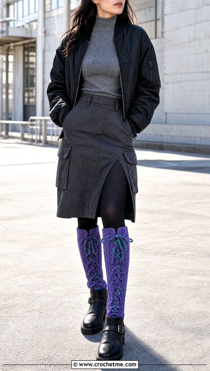 Laced Front Knee High Crochet Winter Socks With Cargo Skirt - 30 crochet winter socks outfit ideas