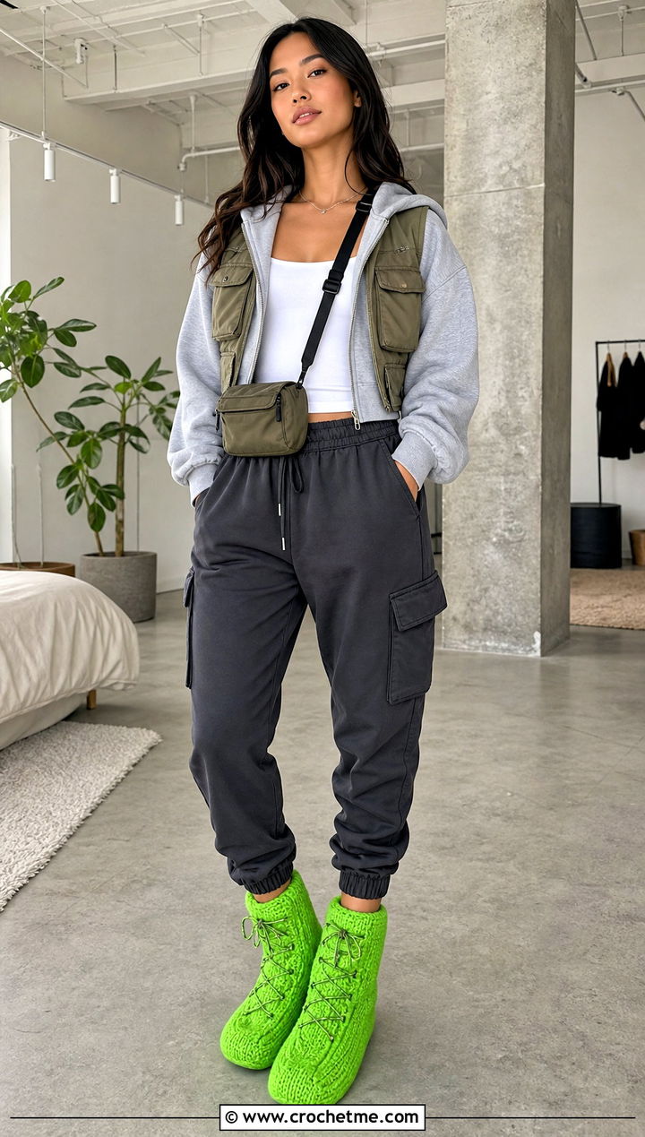 Laced Mukluk Slipper Boots With Cargo Joggers - 35 crochet slipper boots outfit ideas
