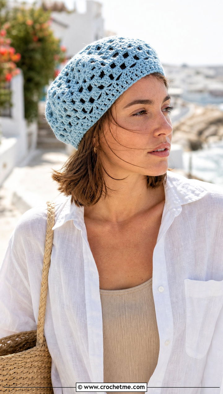 Laceweight Crochet Granny Square Beret With Linen Shirt And Shorts - 25 Crochet Granny Square Beret outfit ideas