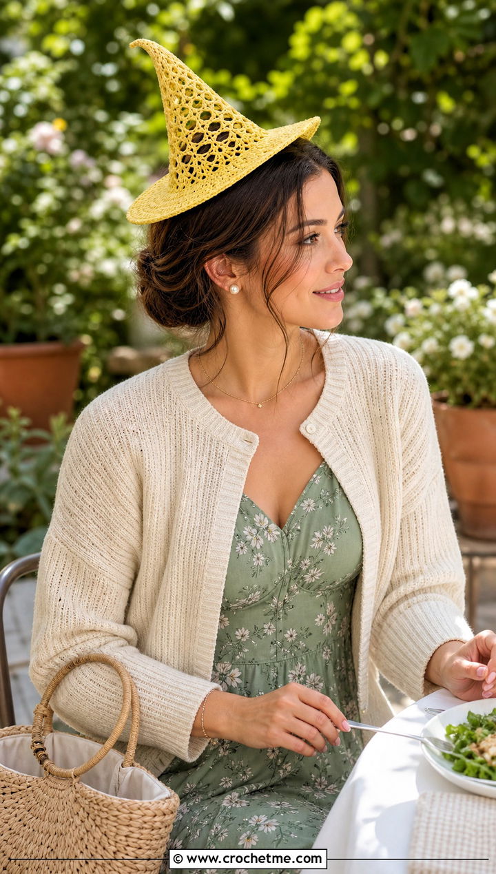 Laceweight Crochet Mini Witch Hat With Floral Dress - 25 Crochet Mini Witch Hat outfit ideas