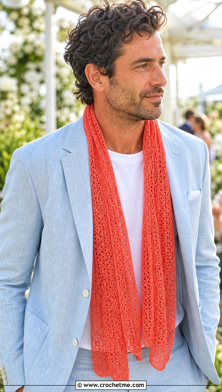 Laceweight Crochet Scarf With Linen Suit - 30 easy crochet scarf men outfit ideas