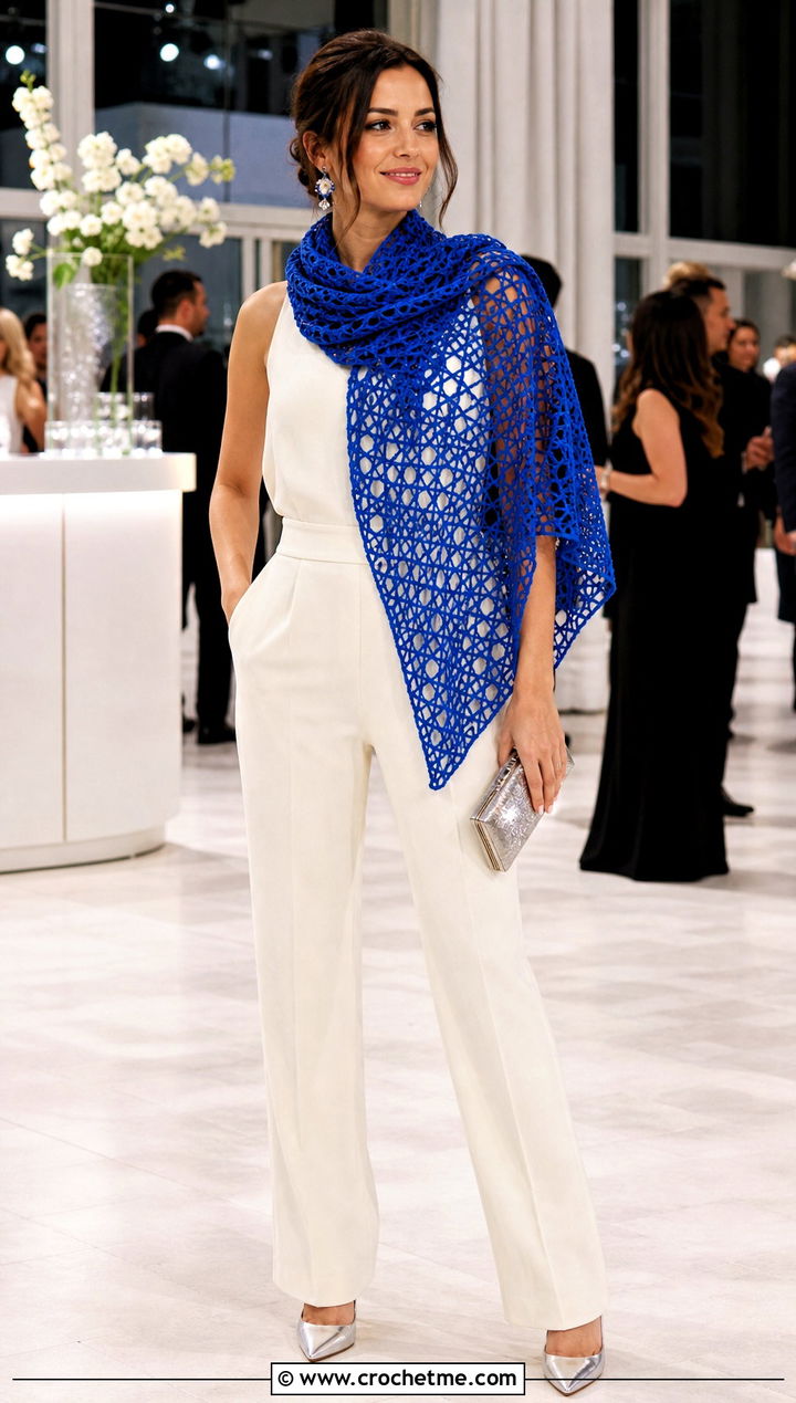 Laceweight Filet Crochet Scarf With A Tailored Jumpsuit - 35 filet crochet scarf outfit ideas