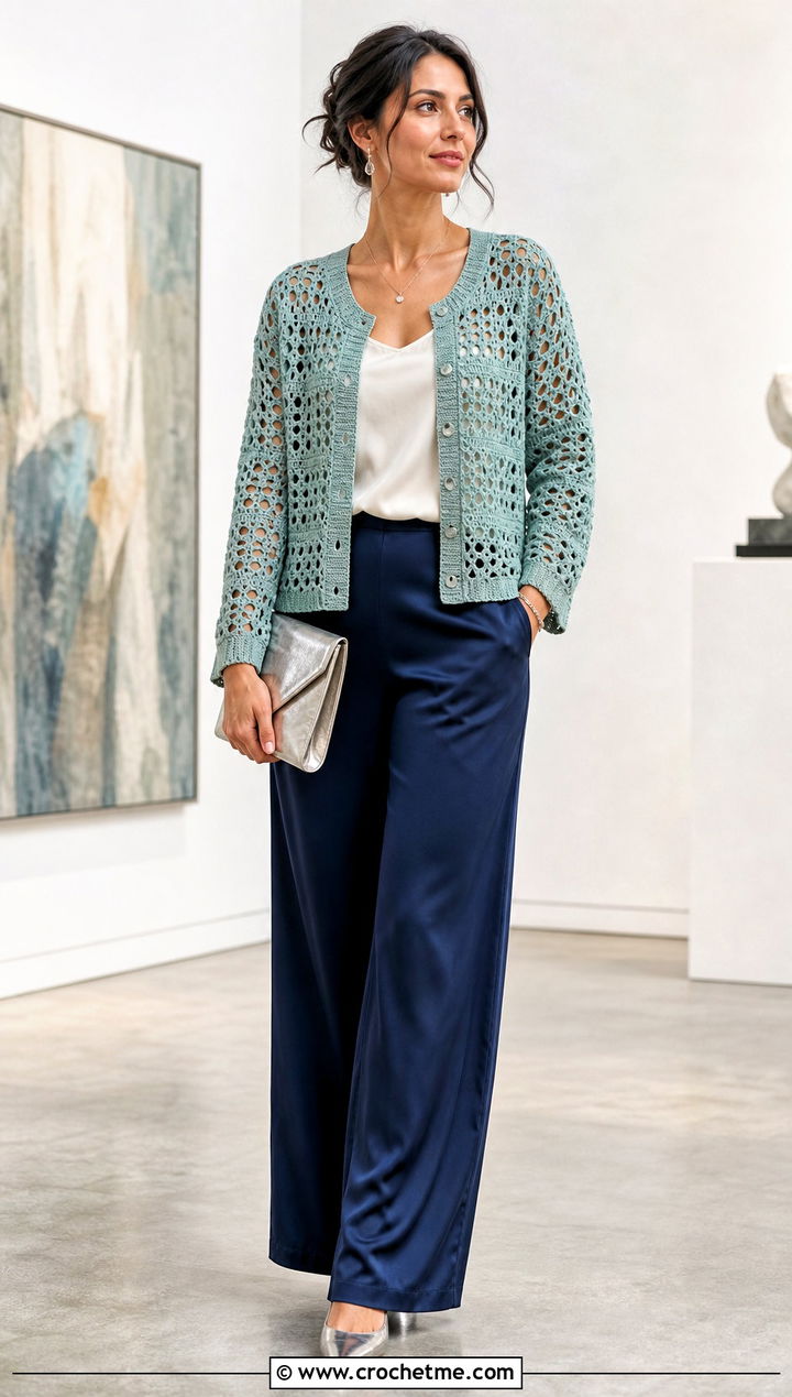 Laceweight Granny Square Cardigan With Satin Pants - 20 Crochet Fall Granny Square Cardigan outfit ideas