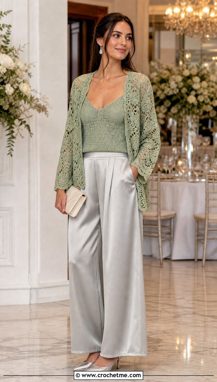 Laceweight Hexagon Granny Square Cardigan With Satin Trousers - 35 hexagon granny square sweater outfit ideas