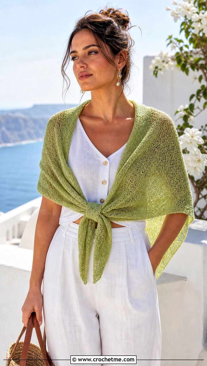 Laceweight Moss Stitch Shawl With A Summer Linen Set - 25 Crochet Moss Stitch Shawl outfit ideas