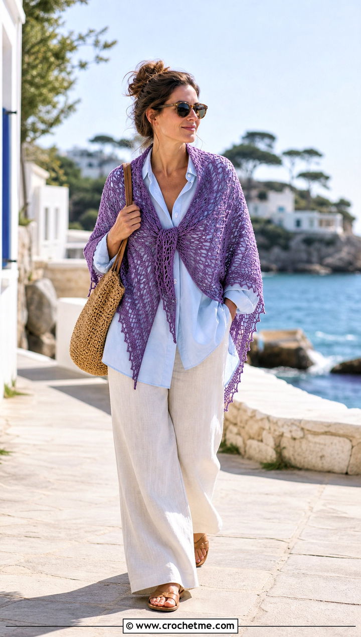 Laceweight Triangle Shawl With Button Down Shirt And Linen Pants - 35 Easy Simple Crochet Triangle Shawl outfit ideas