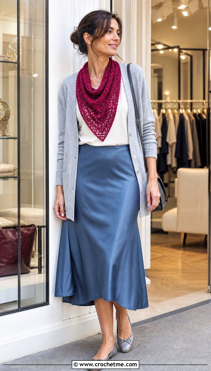 Laceweight Triangle Shawl With Slip Skirt And Cardigan - 25 Crochet Lacy Triangle Shawl outfit ideas