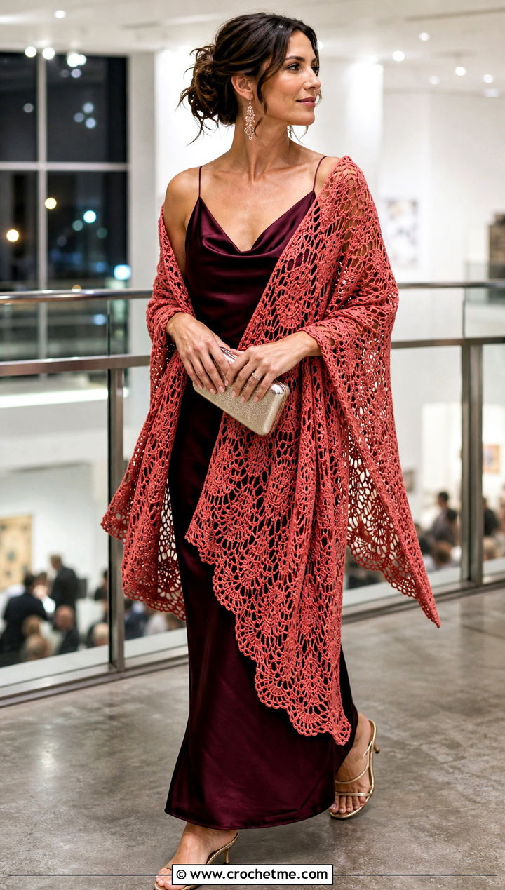 Laceweight Virus Shawl With Satin Slip Dress And Heels - 15 crochet virus shawls outfit ideas