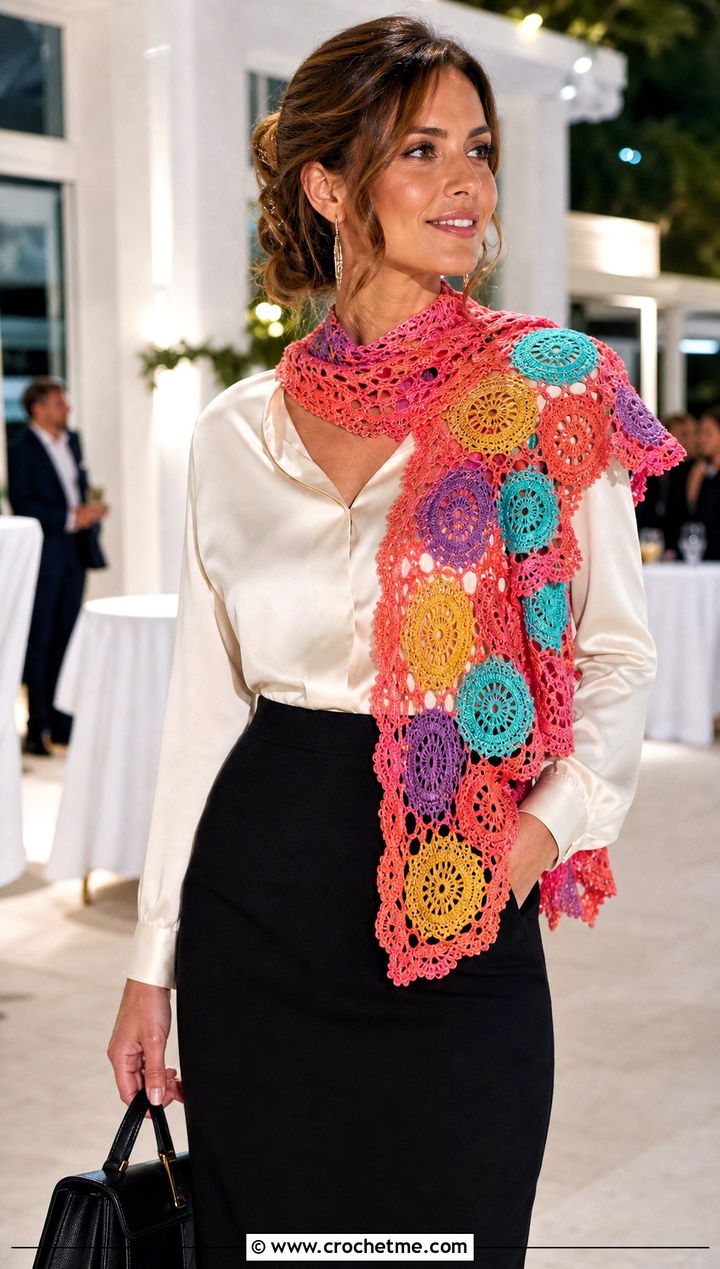 Lacy Circle Crochet Scarf With Satin Blouse And Tailored Skirt - 15 crochet scarf with colorful circles outfit ideas