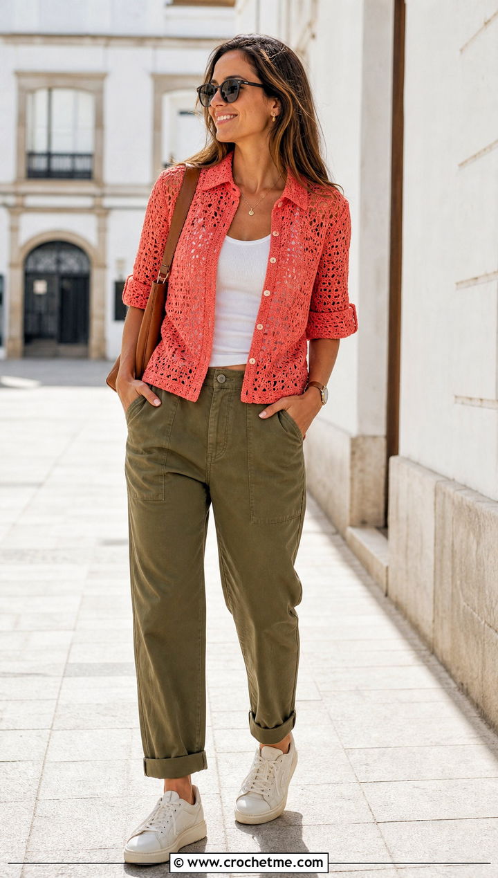 Lacy Collared Crochet Shirt With Relaxed Chinos - 25 crochet lacy summer tops outfit ideas