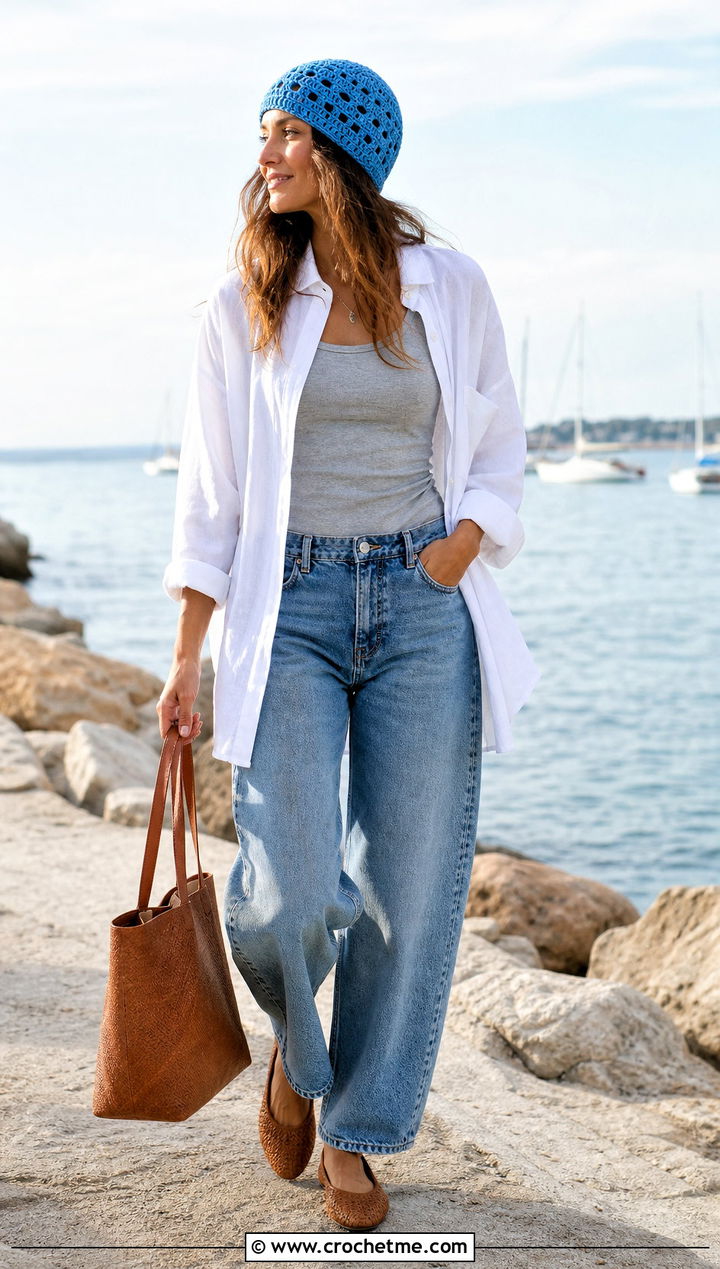 Lacy Crochet Beanie With Linen Shirt And Barrel Jeans - 35 simple crochet beanie outfit ideas