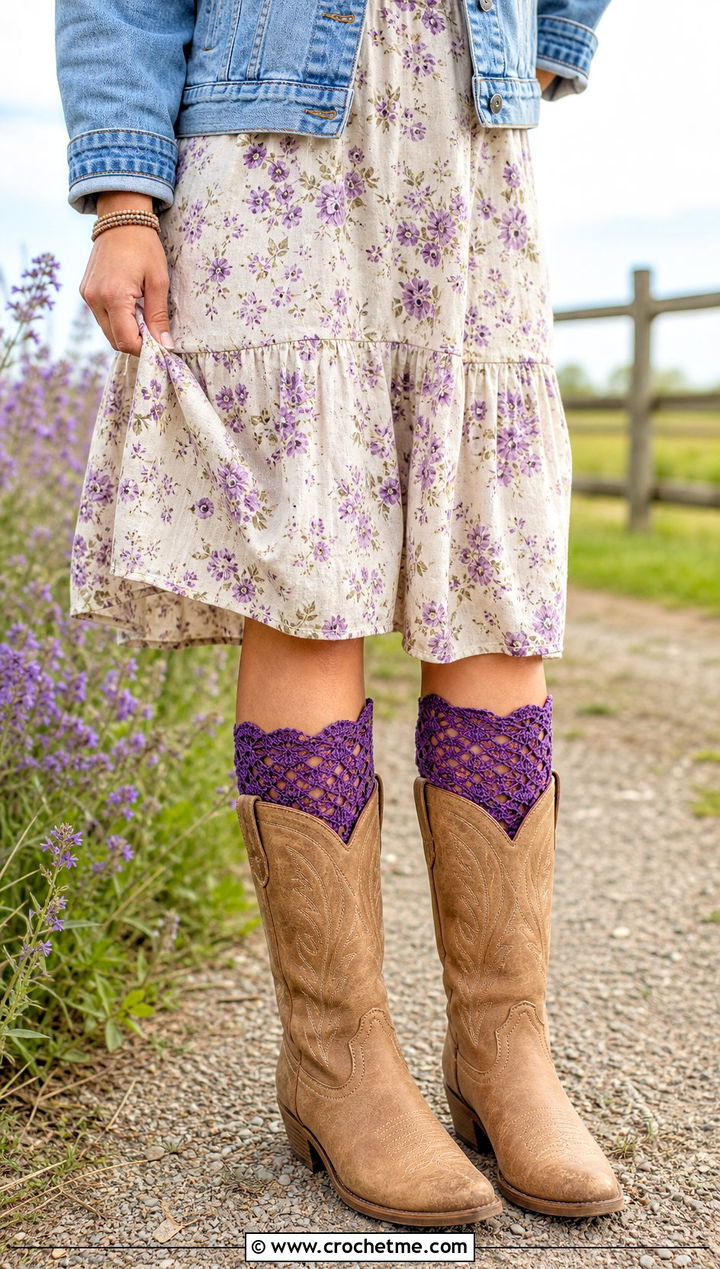 Lacy Crochet Boot Cuffs With Floral Dress and Western Boots - 30 crochet boot cuff outfit ideas
