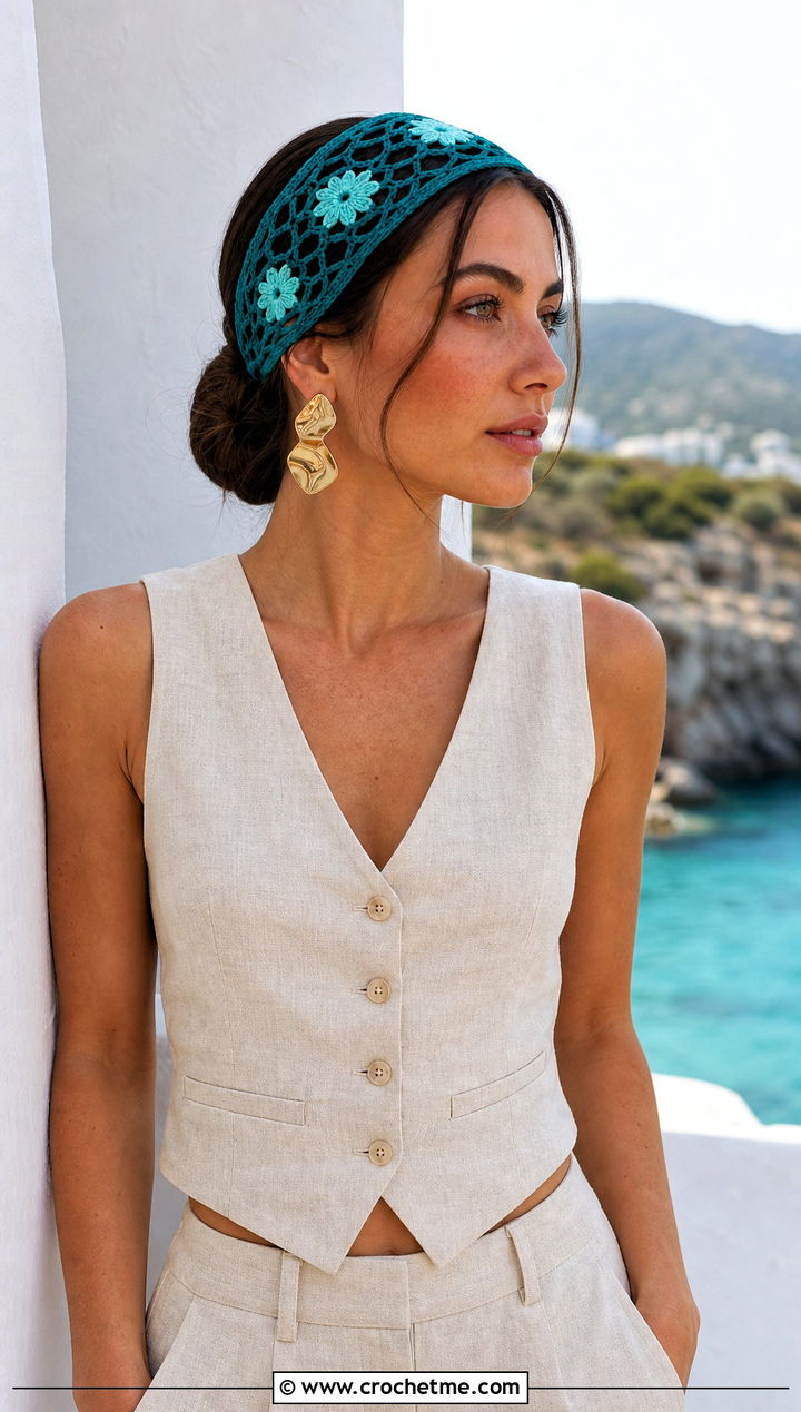 Lacy Crochet Daisy Headband With Linen Set - 25 Crochet Daisy Headband outfit ideas
