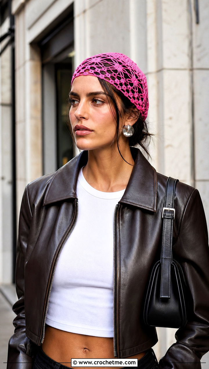 Lacy Crochet Hair Cap With Leather Jacket - 15 crochet hair cap outfit ideas