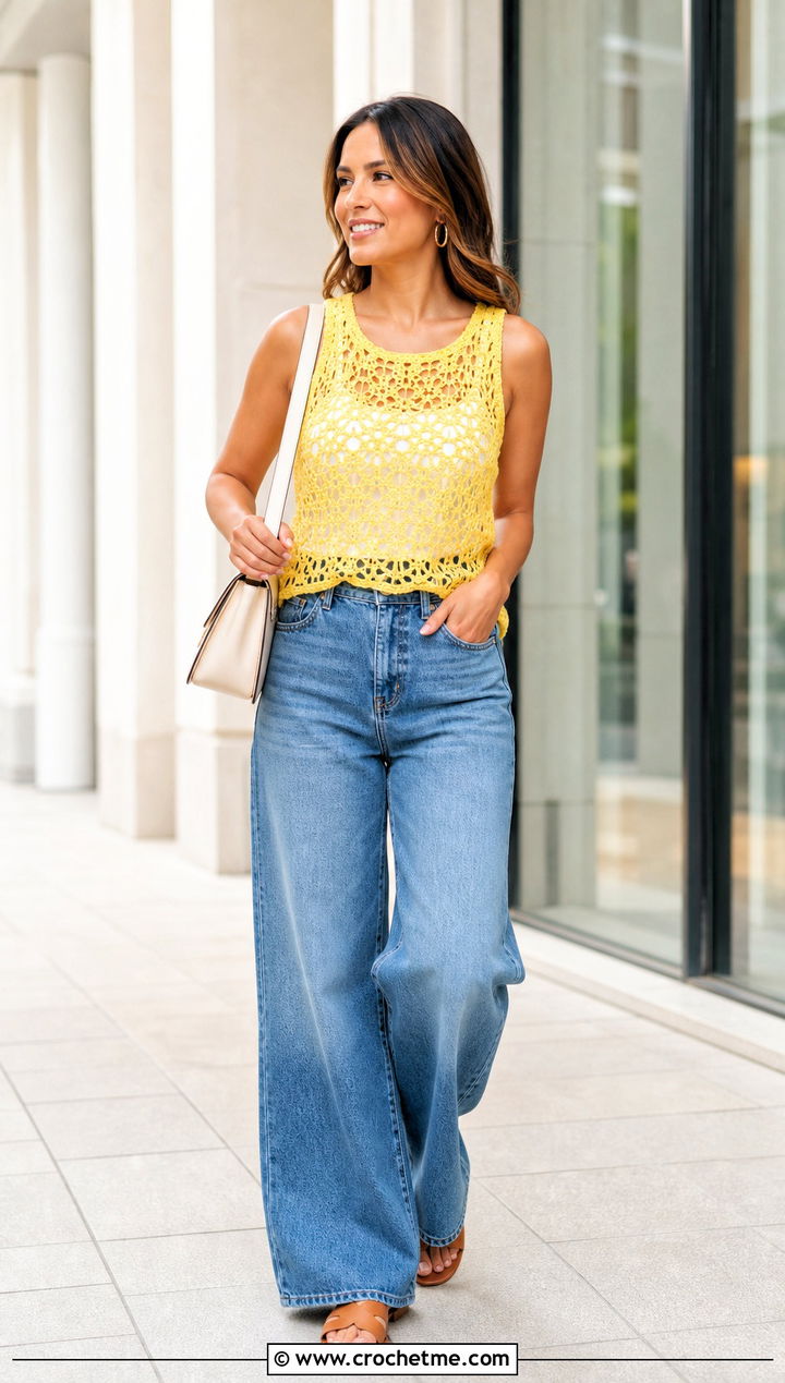 Lacy Crochet Mesh Tank With Wide Leg Jeans - 25 crochet lacy summer tops outfit ideas