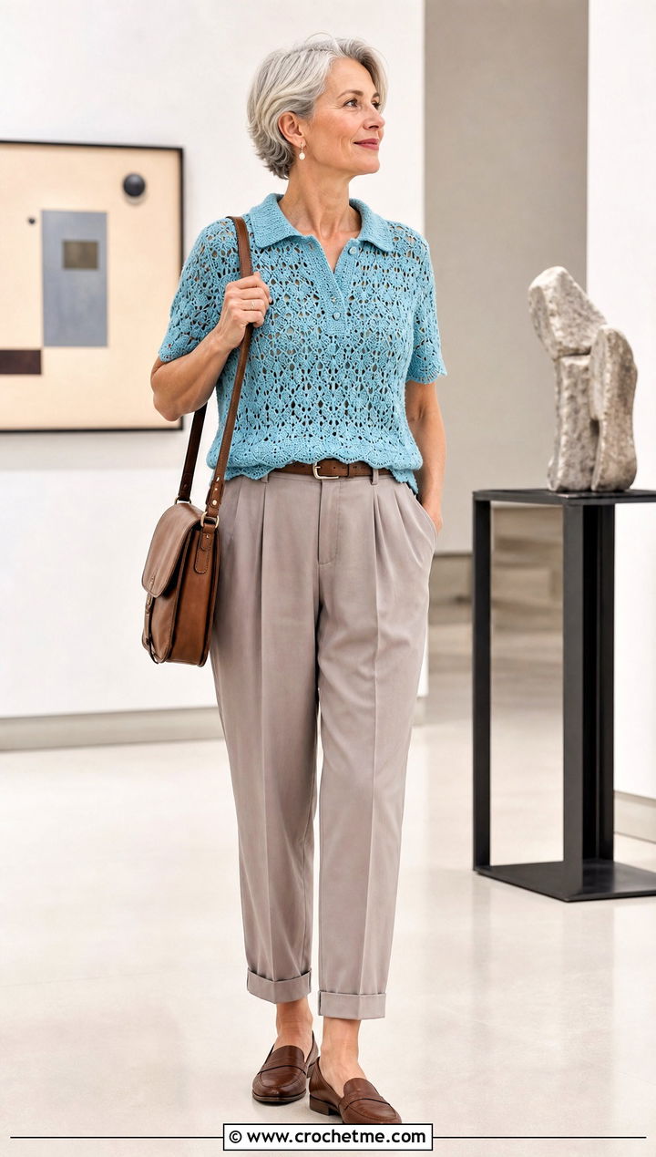 Lacy Crochet Polo Top With Pleated Trousers - 25 crochet lacy summer tops outfit ideas
