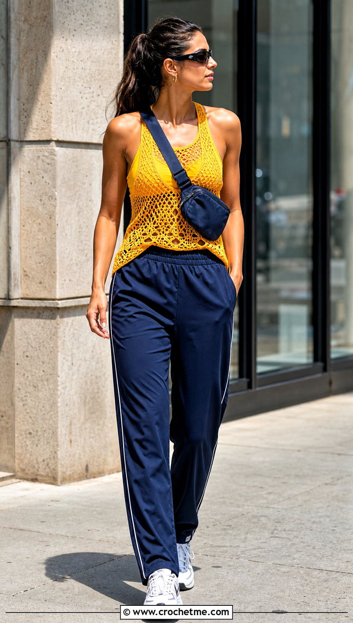 Lacy Crochet Racerback Top With Track Pants - 25 crochet lacy summer tops outfit ideas