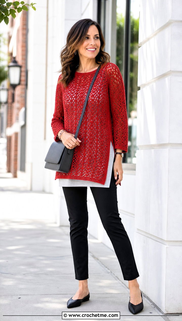 Lacy Crochet Tunic Sweater With Slim Pants - 25 Lacy Crochet Sweater outfit ideas