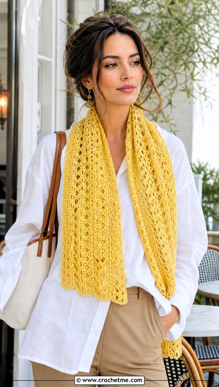 Lacy Crochet V Stitch Scarf With Linen Shirt - 30 crochet v stitch scarf outfit ideas
