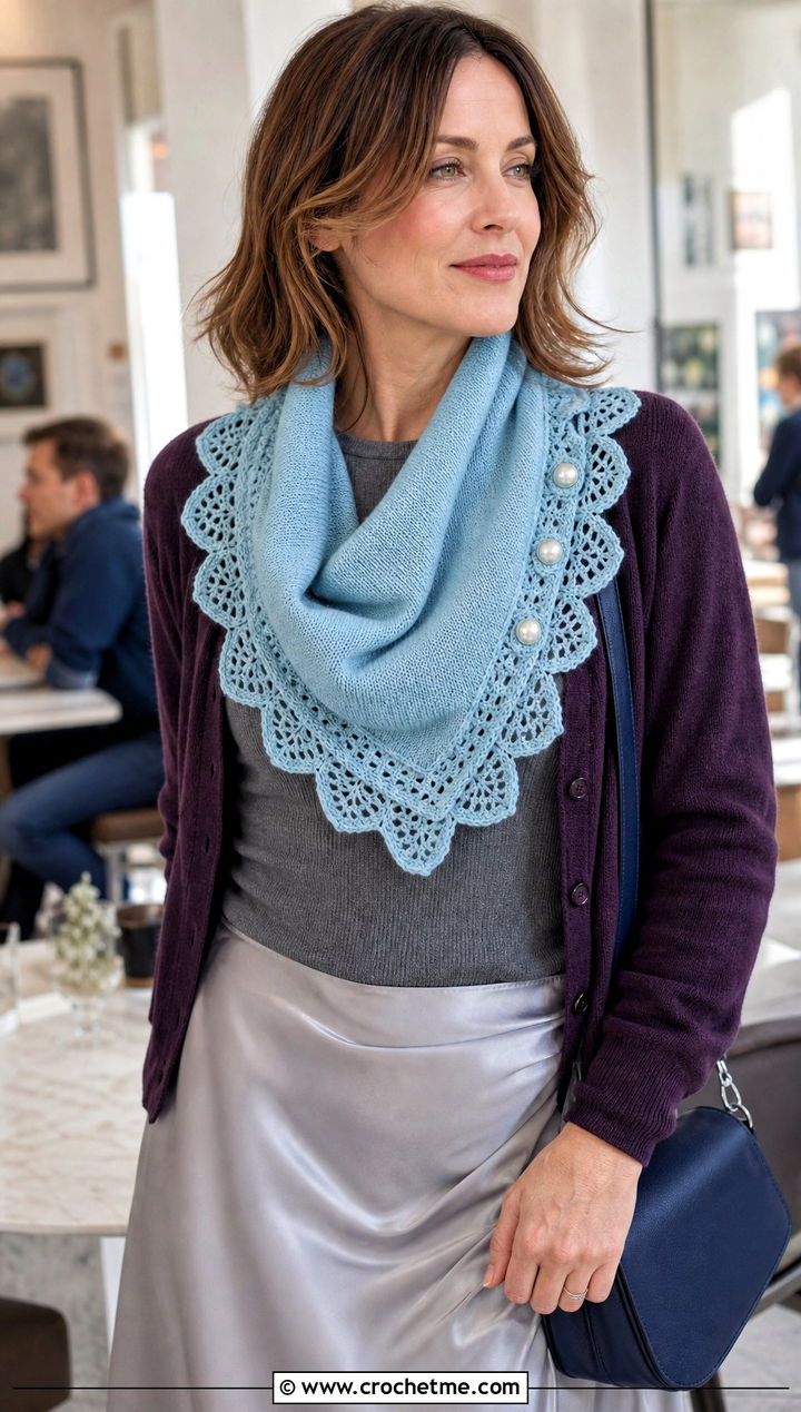 Lacy Edge Button Cowl With Cardigan And Satin Skirt - 15 Crochet Cowl With Buttons outfit ideas