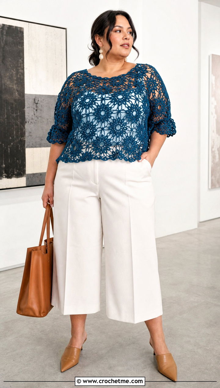 Lacy Floral Motif Crochet Blouse With Culottes - 25 crochet lacy summer tops outfit ideas