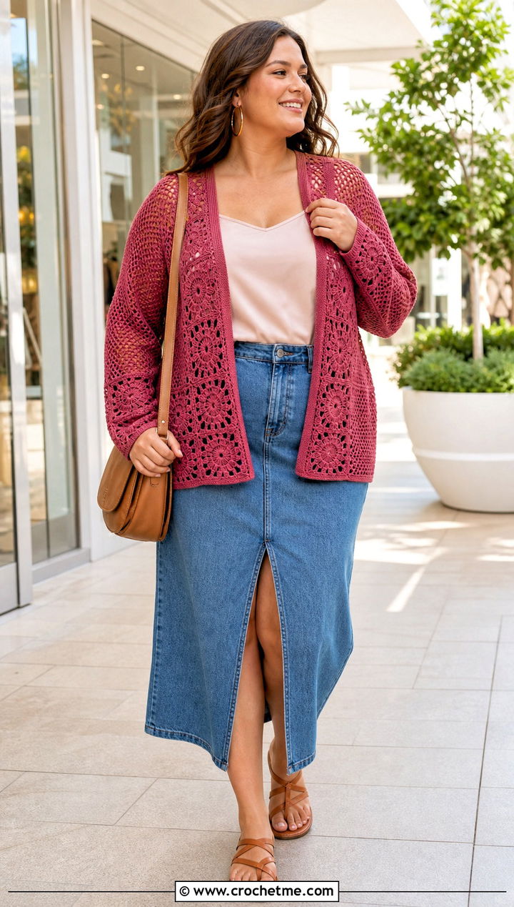 Lacy Granny Square Cardigan With Denim Midi Skirt - 30 plus size crochet granny square cardigan outfit ideas