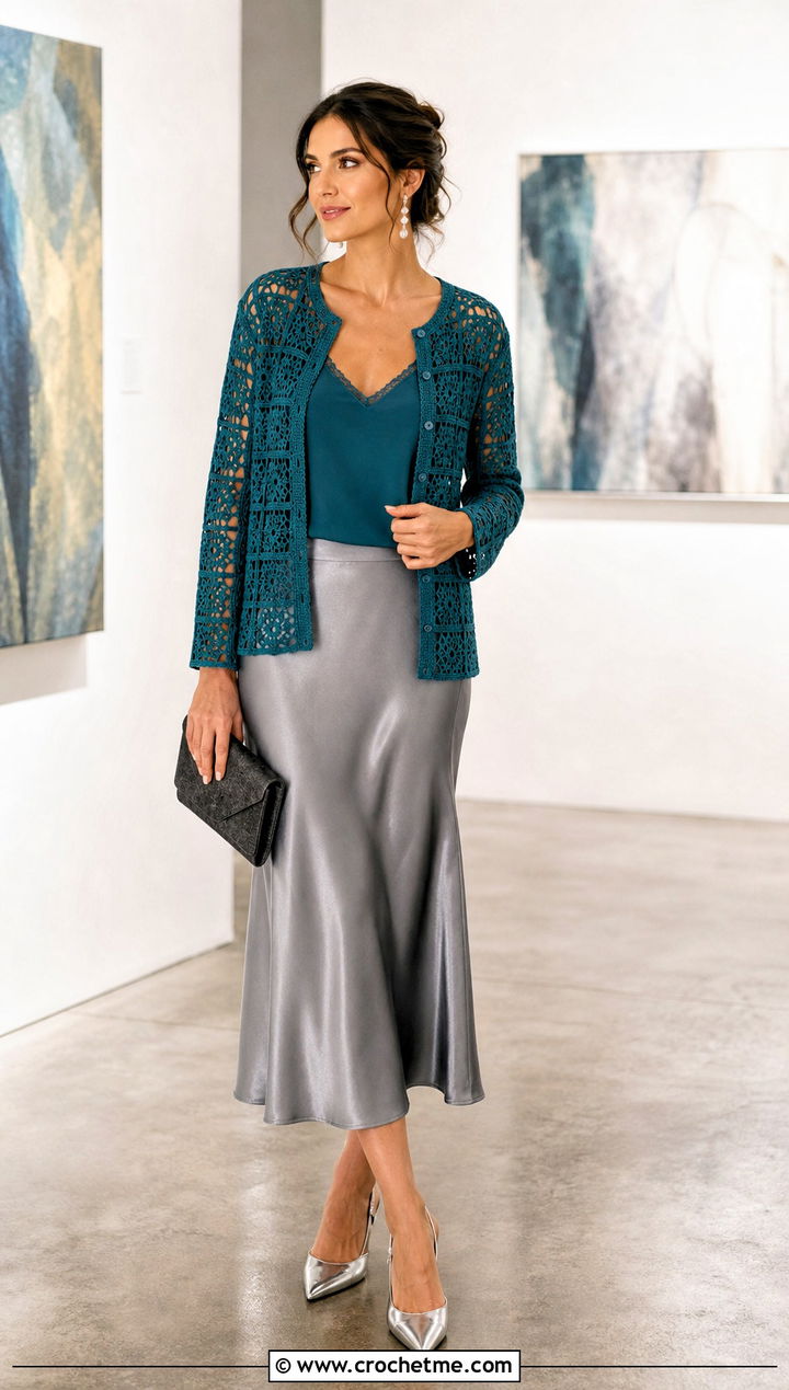 Lacy Granny Square Cardigan With Satin Slip Skirt - 30 crochet granny squares cardigan outfit ideas