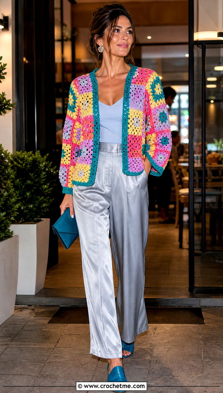 Lacy Granny Square Cardigan With Satin Trousers - 25 pastel granny square cardigan outfit ideas