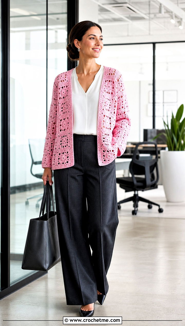 Lacy Granny Square Cardigan With Tailored Trousers - 15 Never Off Granny Square Cardigan outfit ideas