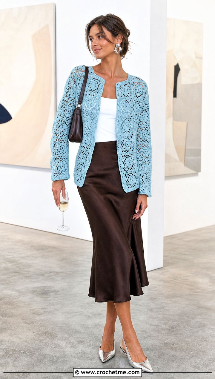 Lacy Granny Square Crochet Cardigan With Satin Midi Skirt - 25 Crochet Cardigan From Square outfit ideas